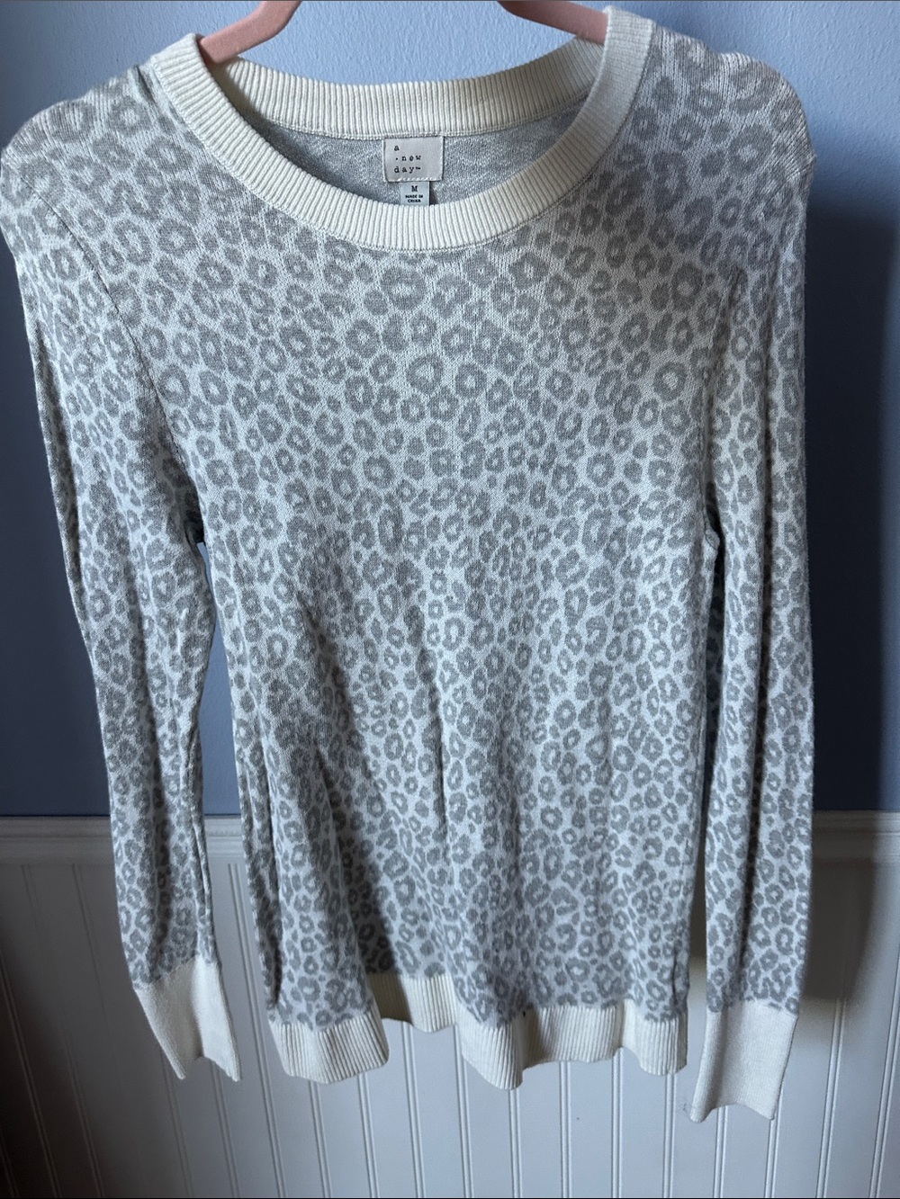 a new day Cream and Light Gray Leopard Crewneck Sweater
